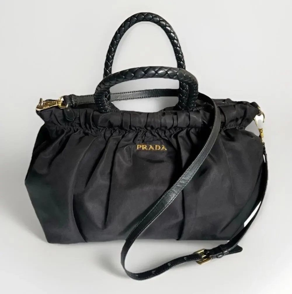 PRADA Authentic Tessuto Gaufre Ruched Nylon Satchel Handbag Black Gold Crossbody